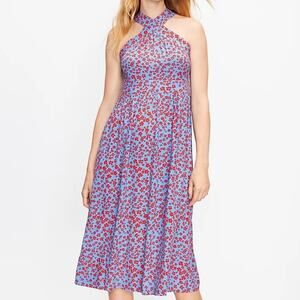 LOFT Criss Cross Back Halter Red Floral Blue Midi Dress Womens Size Small